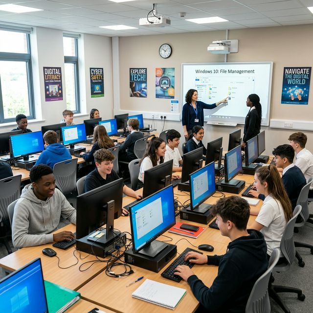 Students learning computer skills in a modern classroom